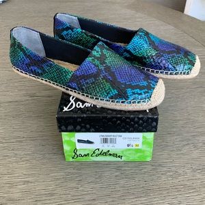 NEW. Sam Edelman, Lynn Espadrille Flat, Blue/Green Snakeskin Print Leather.